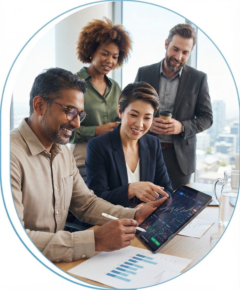 Four colleagues reviewing operational performance data on a tablet